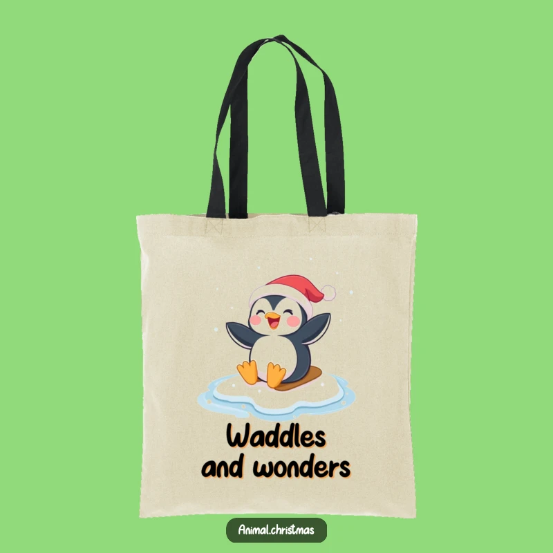 Funny Penguin Tote Bag - Santa Hat Ice Slider Fun