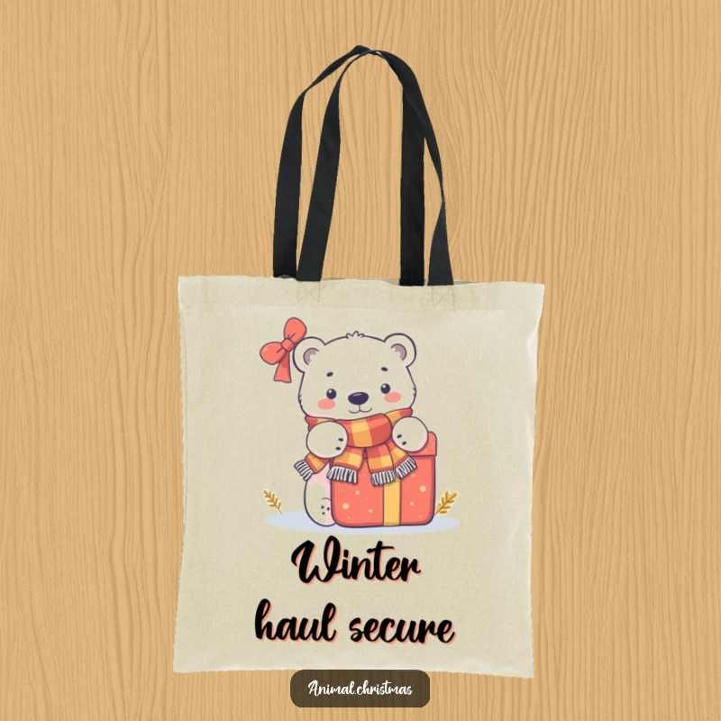 Funny tote bag with a polar bear in a scarf peeking from behind a large present, ideal for winter errands.
